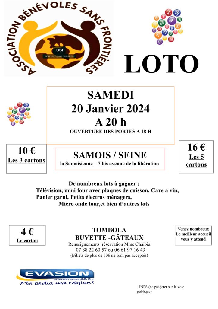 LOTO Bénévoles sans Frontières Mairie de Samois sur Seine